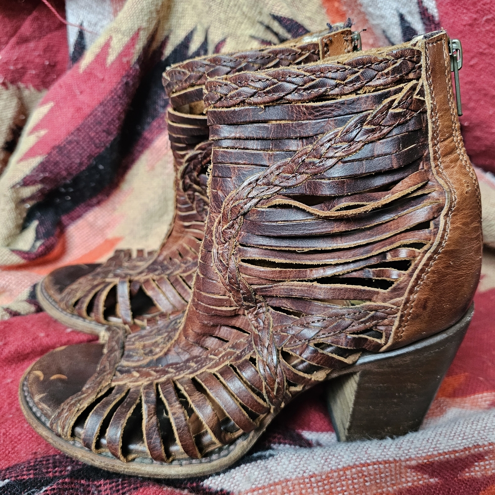 FREEBIRD BY STEVEN BELLA Braided Brown Leather Ankle Boots